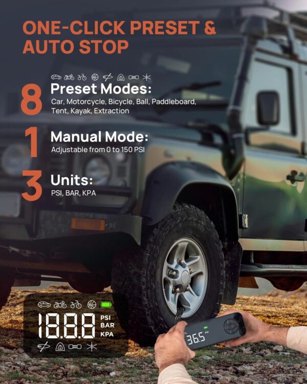 0028036bd4a44fbcb9910a4f8c929135 Tire Inflator Portable Air Compressor, Rechargeable Electric Paddle Board Pump 150PSI, 3X Faster Inflation 9 Pump Modes,Auto Air Pump for Car Tires Motorcycle Bike Ball SUP Tent Kayak Float