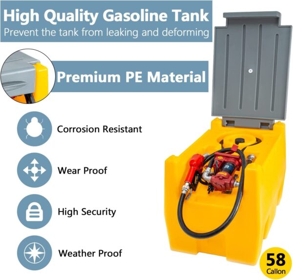002a26bfc38a471da1a4df84ab013908 TECSPACE 58 Gallon Gasoline Tank, Portable Fuel Tank with 12V Electric Fuel Transfer Pump, 40 GPM Gasoline Fuel Tank with 4 Meters Hose for Gasoline Transportation (Yellow, 58 gal)