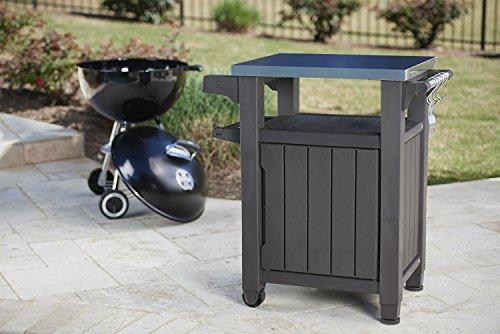 Unity Portable Outdoor Table and Storage Cabinet with Hooks for Grill Accessories-Stainless Steel Top for Patio Kitchen Island or Bar Cart, Espresso Brown