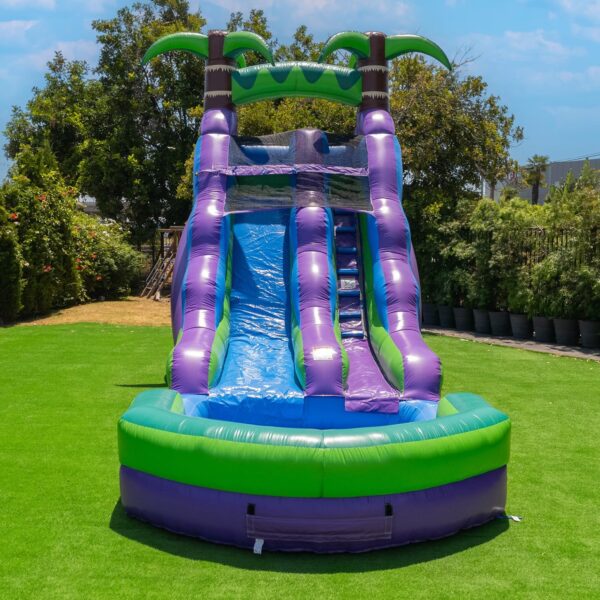 16’ Purple Tropical Lightweight Premium Commercial Grade Water Slide Inflatable with Attached Pool for Kids and Adults (with Blower), Wet Dry Use, Summer Fun