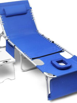 3-in-1 Outdoor Sun Tanning Lounge Chair with Face Hole – 5-Position Recliner, Folding Side Table & Removable Pillow, 330lbs Capacity, Blue