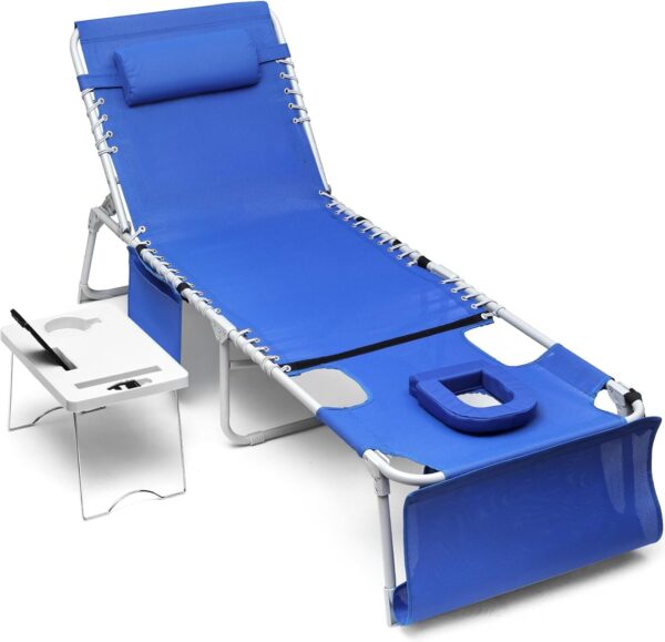 01fdf0296ab84bd783802f5879f80b9c 3-in-1 Outdoor Sun Tanning Lounge Chair with Face Hole – 5-Position Recliner, Folding Side Table & Removable Pillow, 330lbs Capacity, Blue