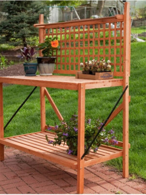 Outdoor Weather Resistant Fir Wood Potting Bench Garden Table with Lattice Back