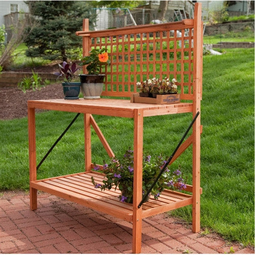 025e81f8f7394e62b2c3f4b813748696 Outdoor Weather Resistant Fir Wood Potting Bench Garden Table with Lattice Back