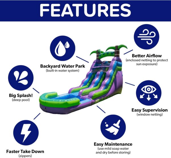 16’ Purple Tropical Lightweight Premium Commercial Grade Water Slide Inflatable with Attached Pool for Kids and Adults (with Blower), Wet Dry Use, Summer Fun