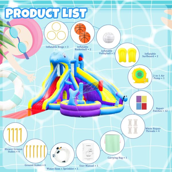 09d2e2345ad44548b69357404a84026a 11-in-1 Inflatable Water Slide & Dolphin Bounce House w/2 Long Slides, 19.7 Ft x 13.1 Ft Extra Large Waterslide Climbing Wall w/Small Deeper Pool,Water Cannons,Hoop for Kids Backyard,550W Blower