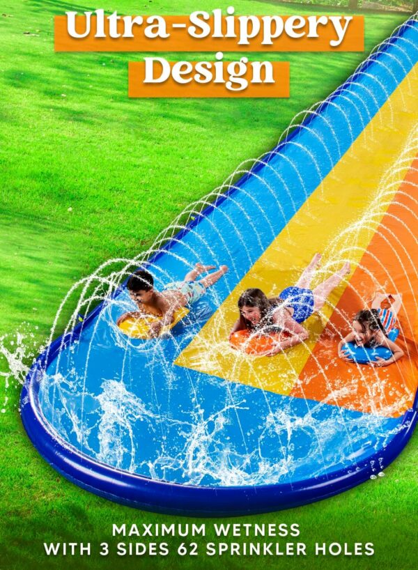 0d2bfe00304f403fbb77c2854f360607 Sloosh Triple Water Slide with 3 BodyBoards, 22.5FT Lawn Water Splash Slip and Slide Summer Toy Splash Pad with Build in Advanced Sprinkler for Kids Adults Backyard Summer Water Fun