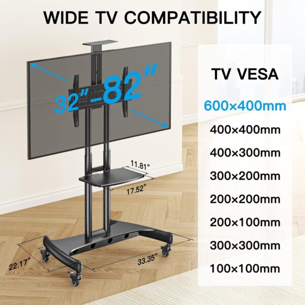 0d58b9c8319443408f77fc3c3500d311 Rolling/Mobile TV Cart with Wheels for 32-82 Inch LCD LED 4K Flat Screen TVs - TV Floor Stand with Shelf Holds Up to 100 lbs, Height Adjustable Trolley Max VESA 600x400mm- PSTVMC05