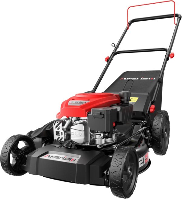 0efae629cd444c56aa1915b0ca827d45 21" Steel Deck Gas Lawn Mower, Heavy-Duty 3-in-1 Push Mower, 144cc 4-Stroke Engine, 6-Position Height Adjustment, Large 1.4 Bushel Grass Catcher, Durable & Efficient for Yard & Garden