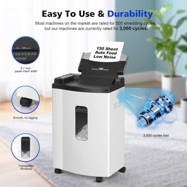 0fbf2d5c0b2e4543815608539af569eb 150 Sheet Auto-Feed Micro Cut Paper Shredder for Home Office Use, P-5 Super High Security (5/64 x 19/32 inches), Large 6-Gallon Bin, 20-Min Continuous Run, 55dB Ultra-Quiet, White