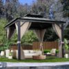 10’x10′ Hardtop Gazebo with double metal roof, aluminum frame, net, and curtain. All-weather, ideal for patio, deck, garden, backyard. Khaki.