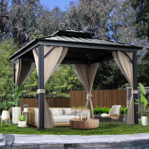 10’x10′ Hardtop Gazebo with double metal roof, aluminum frame, net, and curtain. All-weather, ideal for patio, deck, garden, backyard. Khaki.