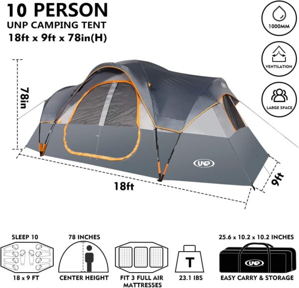 1450cb0f10e1416a9cb7d2ecb9fb032e UNP Camping Tent 10-Person-Family Tents, Parties, Music Festival Tent, Big, Easy Up, 5 Large Mesh Windows, Double Layer, 2 Room, Waterproof, Weather Resistant, 18ft x 9ft x78in