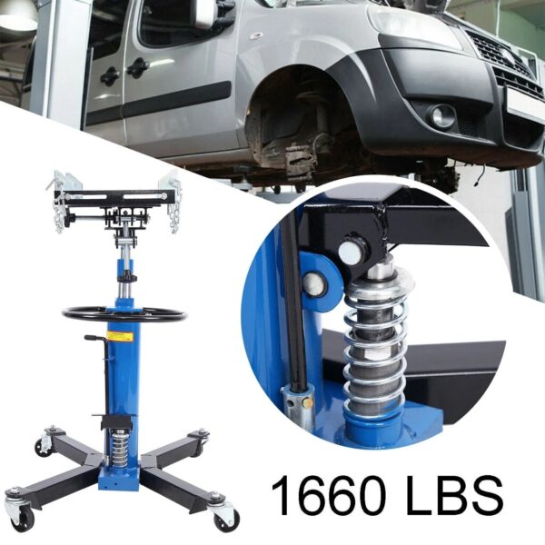1a7e7995557b44c9b3061a0f701c54b0-1 1660 Pounds Hydraulic Car Transmission Jack Vertical Lift with 360° Swivel Wheel Pedal ,Blue,33"-70"(0.75Ton)