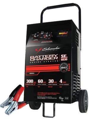 Schumacher Electric Wheeled Battery Charger and Engine Starter, SC1446, 2-in-1, manual timer control, 300 crank amps, 6 volts, 12 volts, for car, SUV, truck and Marine batteries