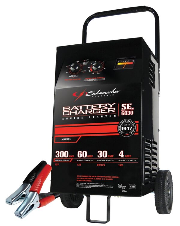 1f52d520270a47a0b21e6582e4416a15 Schumacher Electric Wheeled Battery Charger and Engine Starter, SC1446, 2-in-1, manual timer control, 300 crank amps, 6 volts, 12 volts, for car, SUV, truck and Marine batteries