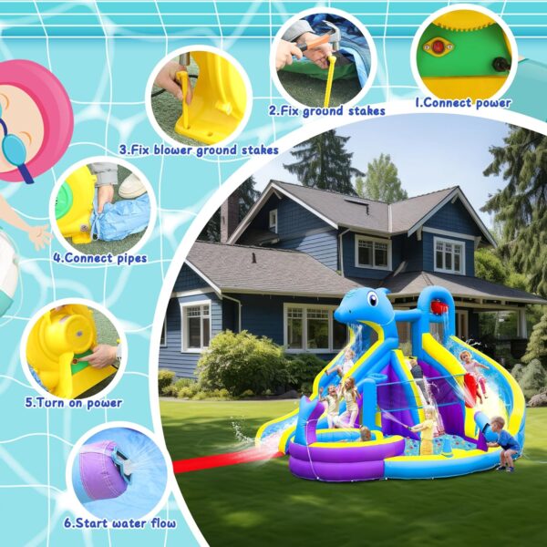 1fe4100305744541aa32ee634fca8e17 11-in-1 Inflatable Water Slide & Dolphin Bounce House w/2 Long Slides, 19.7 Ft x 13.1 Ft Extra Large Waterslide Climbing Wall w/Small Deeper Pool,Water Cannons,Hoop for Kids Backyard,550W Blower
