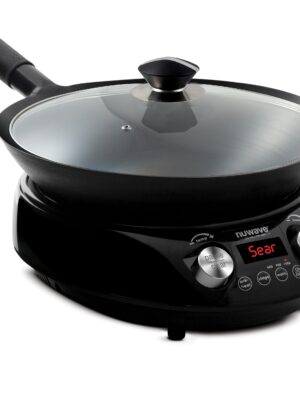 Nuwave Mosaic Induction Wok, Precise Temp Controls from 100u00b0F to 575u00b0F in 5u00b0F, Wok Hei, Infuse Complex Charred Aroma & Flavor, 3 Watts 600, 900 & 1500, Authentic 14-inch Carbon Steel Wok Included