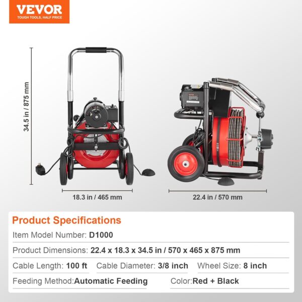 26058b63e06948b49809b914aeab5e5e VEVOR Drain Cleaner Machine 100FT x 1/2 Inch, Auto Feed Sewer Snake Auger on Wheels, 550W Portable Drain Cleaning Machine with 8 Cutters & Air-activated Foot Switch for 2" to 4" Pipes