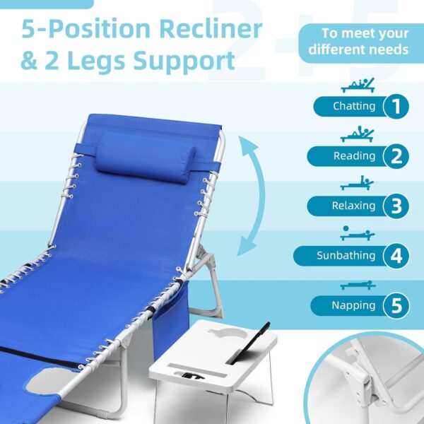 27f8813a93a34ec79dae01210da2f3bc 3-in-1 Outdoor Sun Tanning Lounge Chair with Face Hole – 5-Position Recliner, Folding Side Table & Removable Pillow, 330lbs Capacity, Blue