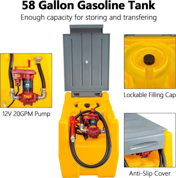 287ee3306fc94269bcd7d1885d3e5a69 TECSPACE 58 Gallon Gasoline Tank, Portable Fuel Tank with 12V Electric Fuel Transfer Pump, 40 GPM Gasoline Fuel Tank with 4 Meters Hose for Gasoline Transportation (Yellow, 58 gal)