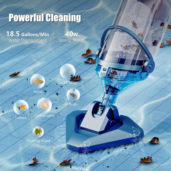290db8f56bc842578b201cc66ccfc414 Pool Vacuum for Above Ground Pool with a Telescopic Pole, Running time up to 1H, T403 Handheld Rechargeable Pool Cleaner with Powerful Suction up to 18.5 gallons/min, Ideal for Leaves, Debris
