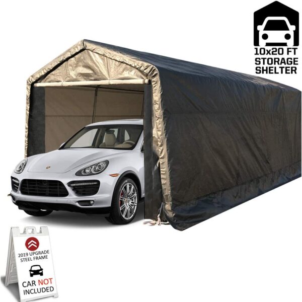 2e66fd7b39f041e49b45d6154f933c0c 10 x 20-Feet Heavy Duty Carport Portable Garage Enclosed Car Canopy Outdoor Instant Shelter Party Tent with Sidewalls for Auto and Boat Storage, Waterproof and UV-Treated, Grey Peak Top Style