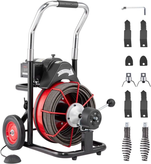 2e6f62048ab349b88f329d584eba2c40 VEVOR Drain Cleaner Machine 100FT x 1/2 Inch, Auto Feed Sewer Snake Auger on Wheels, 550W Portable Drain Cleaning Machine with 8 Cutters & Air-activated Foot Switch for 2" to 4" Pipes