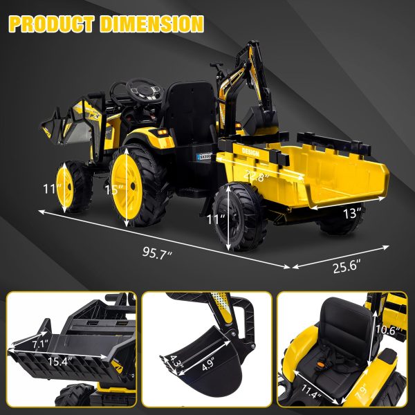 2f44d51f029c4e1885cca63991d4e537 3-in-1 Ride-On Tractor, 24V Electric, Excavator & Bulldozer, Remote Control, LED, Music, USB/Bluetooth max 66 lbs – Bright-yellow