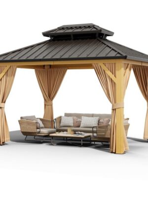 10X13 FT Outdoor Galvanised Steel Hardtop Gazebo, Heavy Duty Double Roof Outdoor Gazebo with Netting and Sunshade Curtains, Aluminium Framed Gazebo for Patio, Terrace, Lawn and Deck, Khaki