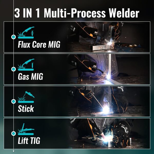 145A MIG Welder, 110V/220V Dual Voltage Gas/Gasless Flux Core MIG Welder/Lift TIG/Stick 3 in 1 Synergic MIG145 9GEN Welding Machine, Flux/Solid Welder Digital Screen Display