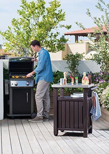 Unity Portable Outdoor Table and Storage Cabinet with Hooks for Grill Accessories-Stainless Steel Top for Patio Kitchen Island or Bar Cart, Espresso Brown