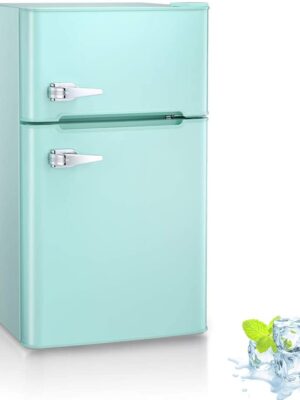 3.2 Cu.ft Compact Double Door Refrigerator with Freezer, Freestanding Mini Fridge with Top Door Upright Freezer for Home,Dorm,Office or RV with Removable Glass Shelves (Green)