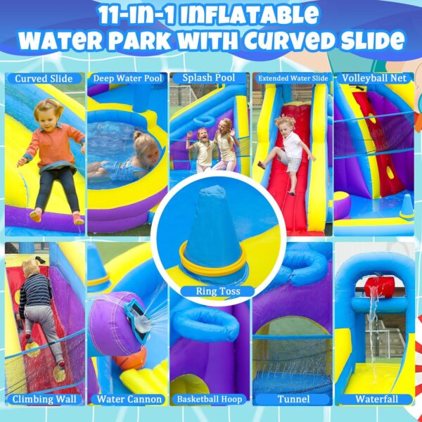 387ed41de05b42bb9a1211f44454436b 11-in-1 Inflatable Water Slide & Dolphin Bounce House w/2 Long Slides, 19.7 Ft x 13.1 Ft Extra Large Waterslide Climbing Wall w/Small Deeper Pool,Water Cannons,Hoop for Kids Backyard,550W Blower