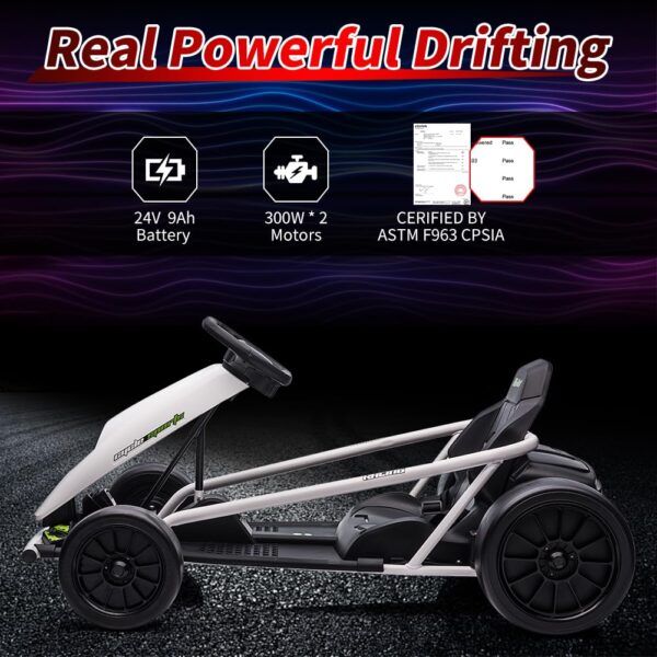 3a62ff14b48e4bc3b01e8d2f05f26eb0 24V Go Kart for Kids 8-12, 300W*2 Motors, 9Ah Battery, 8MPH Speed, Music, Horn, 175lbs Max Load – White