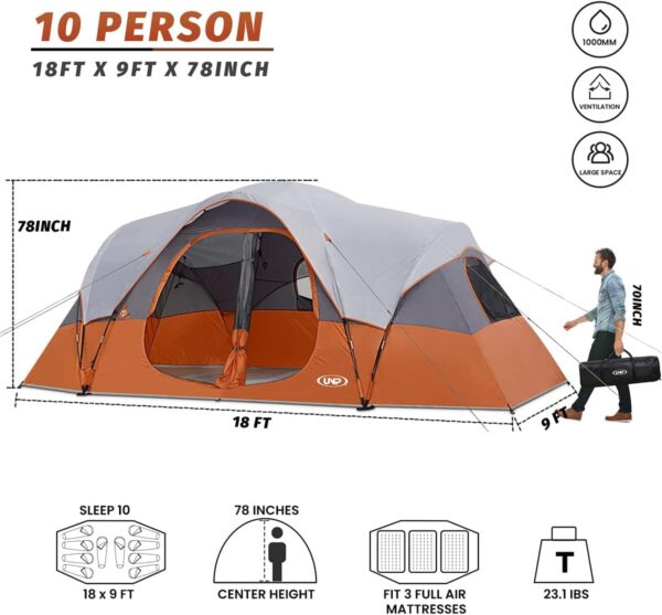3a9b3016e0ac49d8b8eb2f633f5e8653 UNP Camping Tent 10-Person-Family Tents, Parties, Music Festival Tent, Big, Easy Up, 5 Large Mesh Windows, Double Layer, 2 Room, Waterproof, Weather Resistant, 18ft x 9ft x78in