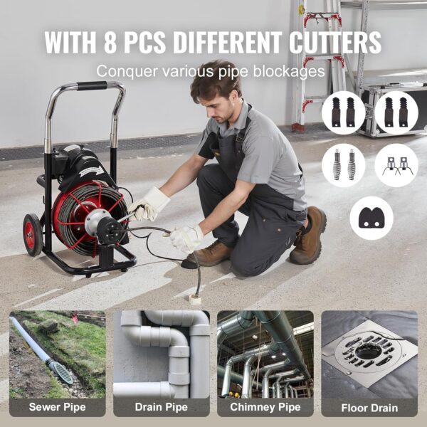 3d0132bf032c401faaadd8a965fb45cd VEVOR Drain Cleaner Machine 100FT x 1/2 Inch, Auto Feed Sewer Snake Auger on Wheels, 550W Portable Drain Cleaning Machine with 8 Cutters & Air-activated Foot Switch for 2" to 4" Pipes