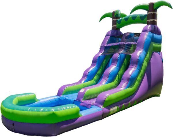 16’ Purple Tropical Lightweight Premium Commercial Grade Water Slide Inflatable with Attached Pool for Kids and Adults (with Blower), Wet Dry Use, Summer Fun