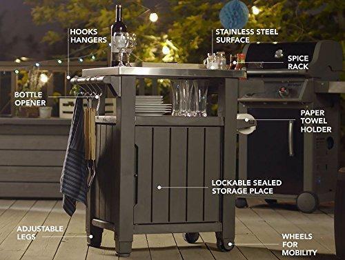 Unity Portable Outdoor Table and Storage Cabinet with Hooks for Grill Accessories-Stainless Steel Top for Patio Kitchen Island or Bar Cart, Espresso Brown