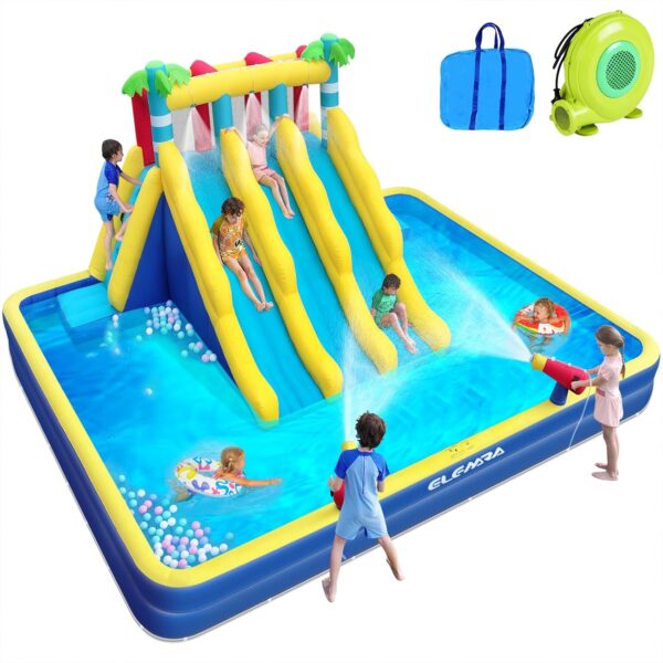 405d4ad0e104499a871799da73d392c6 20.66x16.4FT Inflatable Water Slide for Big Kids, Water Park for Kids Backyard with Large Double-Layer Pool,3 Extra-Long Slides,Climbing Wall, 2 Water Cannons, Water Spraying, 750W Air Blower