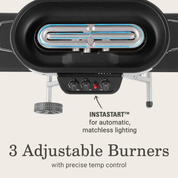 RoadTrip Portable Stand-Up Propane Grill with 3 Adjustable Burners & Instastart Ignition, 20,000 BTUs of Power for Outdoor Cooking