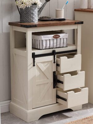 OKD Bathroom Floor Cabinet, Farmhouse Storage Cabinet with Sliding Barn Door & Storage Drawers