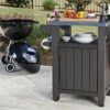 Unity Portable Outdoor Table and Storage Cabinet with Hooks for Grill Accessories-Stainless Steel Top for Patio Kitchen Island or Bar Cart, Espresso Brown