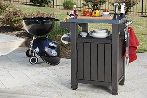 Unity Portable Outdoor Table and Storage Cabinet with Hooks for Grill Accessories-Stainless Steel Top for Patio Kitchen Island or Bar Cart, Espresso Brown