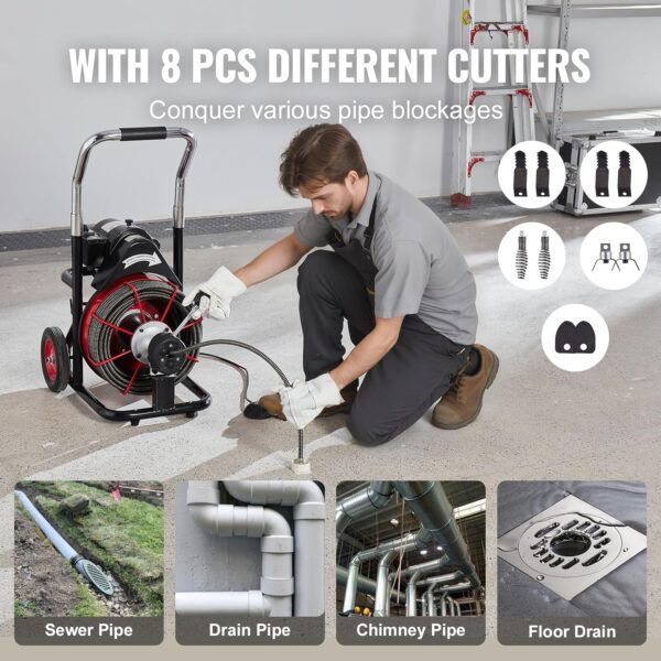 48412f2d1c9046f5a044675848b470d6 VEVOR Drain Cleaner Machine 100FT x 1/2 Inch, Auto Feed Sewer Snake Auger on Wheels, 550W Portable Drain Cleaning Machine with 8 Cutters & Air-activated Foot Switch for 2" to 4" Pipes