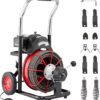 VEVOR Drain Cleaner Machine 100FT x 1/2 Inch, Auto Feed Sewer Snake Auger on Wheels, 550W Portable Drain Cleaning Machine with 8 Cutters & Air-activated Foot Switch for 2" to 4" Pipes