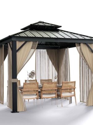 10’x10′ Hardtop Gazebo with double metal roof, aluminum frame, net, and curtain. All-weather, ideal for patio, deck, garden, backyard. Khaki.