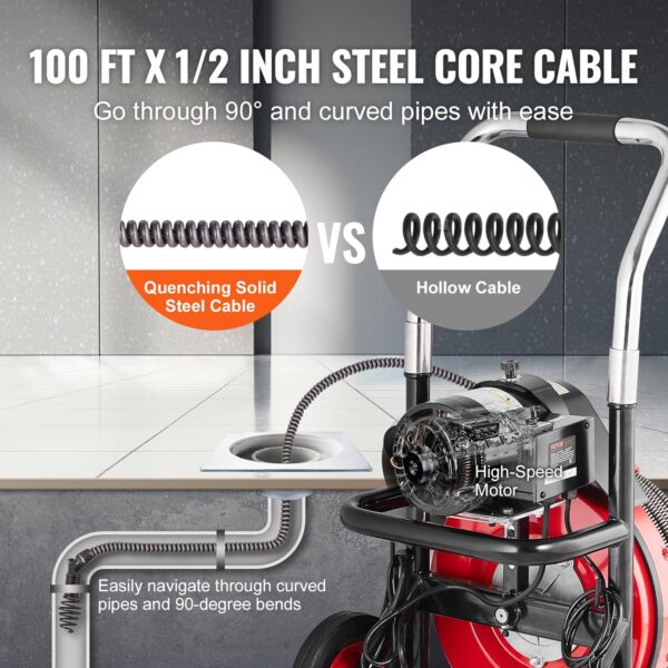 4f0e4cf90944443594d9207a633ec247 VEVOR Drain Cleaner Machine 100FT x 1/2 Inch, Auto Feed Sewer Snake Auger on Wheels, 550W Portable Drain Cleaning Machine with 8 Cutters & Air-activated Foot Switch for 2" to 4" Pipes