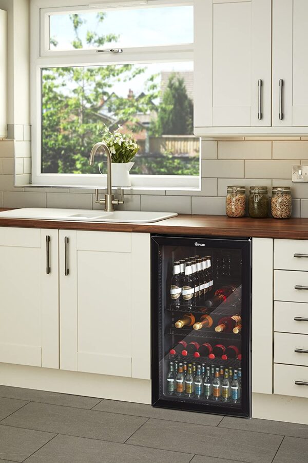 59a7bfa74297411fb6d38b4de001a17c Swan 80L Glass Fronted Under Counter Fridge, Wine Beer and Beverage Cooler