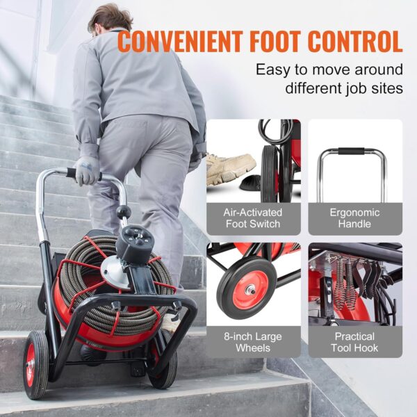 5b11e8e91a004ff0b77e171f719ef5ea VEVOR Drain Cleaner Machine 100FT x 1/2 Inch, Auto Feed Sewer Snake Auger on Wheels, 550W Portable Drain Cleaning Machine with 8 Cutters & Air-activated Foot Switch for 2" to 4" Pipes